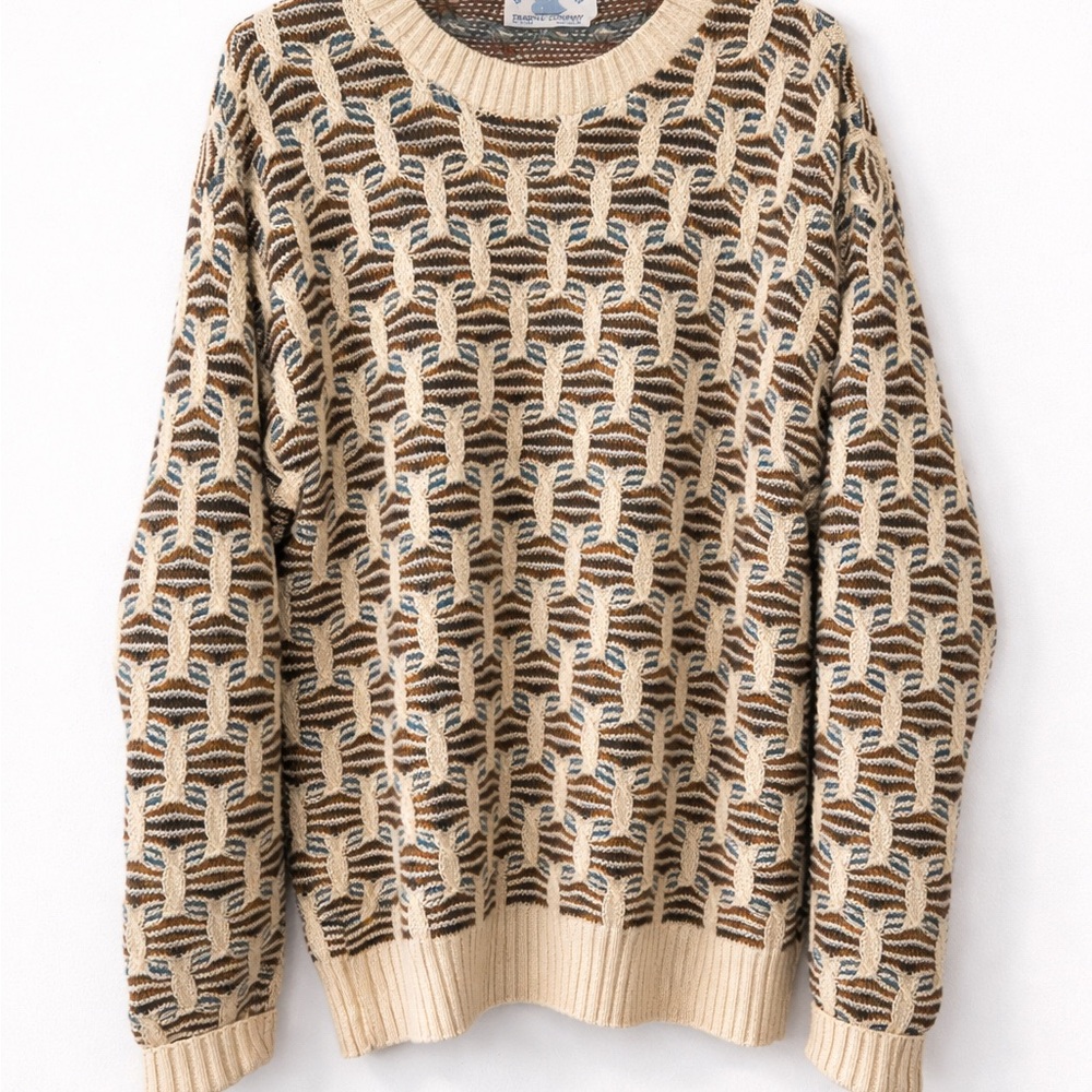 Vintage Patterned Knit Sweater Cream Brown Grandpa Cozy Crewneck